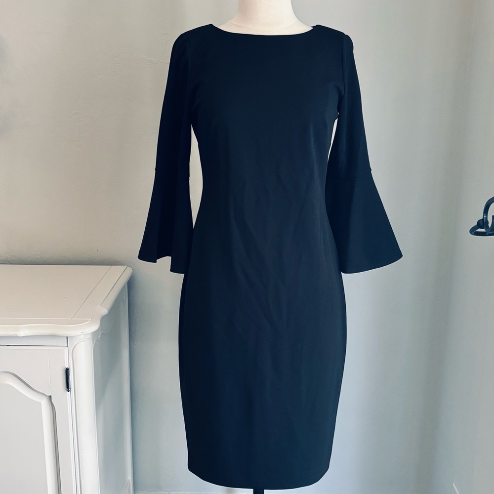 Calvin Klein Boatneck 3/4 Bell-Sleeve Fitted Sheath Dress Knee Length, Black 6